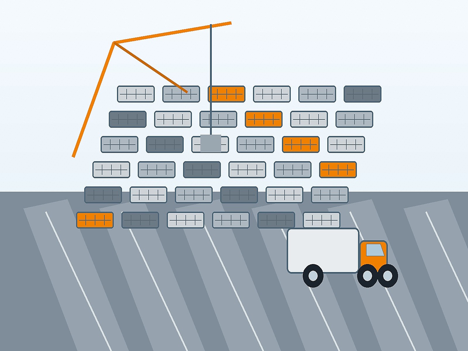 Hand-drawn port yard illustration with unbranded containers and crane linework