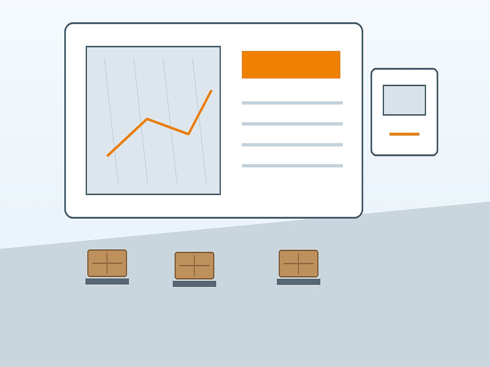 Hand-drawn transport control illustration with pallets and a logistics planning screen
